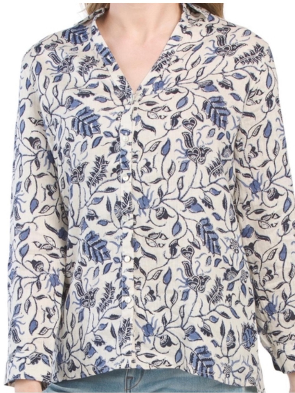 Rachel Zoe 100% Linen Split Neck Button Long Sleeve Size M Blue White Coastal